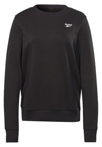 Sweatshirt noir à manches longues et encolure ronde, avec des poignets et un ourlet côtelés, présentant un petit logo Reebok blanc sur le haut à gauche de la poitrine.