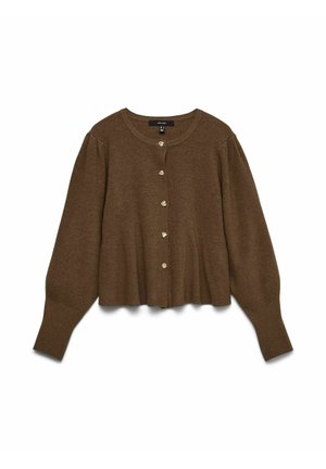 Cardigan marron court avec manches longues bouffantes et cinq petits boutons ronds sur le devant, en tissu tricoté.