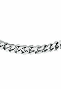 Collana in metallo argento con catena caratterizzata da anelli interconnessi e una finitura lucida, che riflette la luce con bordi lisci e arrotondati.