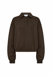 Hnědá zkrácená mikina s polo límcem, třemi knoflíky, elastickými manžetami a elastickým lemem. Má jemné logo na hrudi.