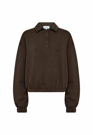 Hnědá zkrácená mikina s polo límcem, třemi knoflíky, elastickými manžetami a elastickým lemem. Má jemné logo na hrudi.