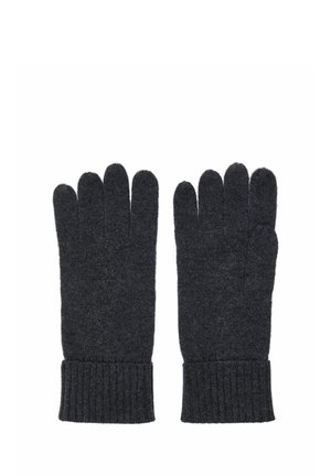 Par de guantes de punto gris oscuro con puños acanalados, diseñados para cubrir completamente los dedos y proporcionar calor.