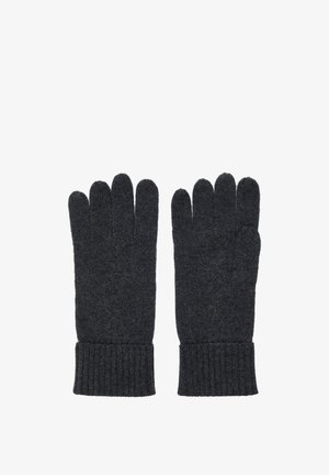 Par de guantes de punto gris oscuro con puños acanalados, diseñados para cubrir completamente los dedos y proporcionar calor.