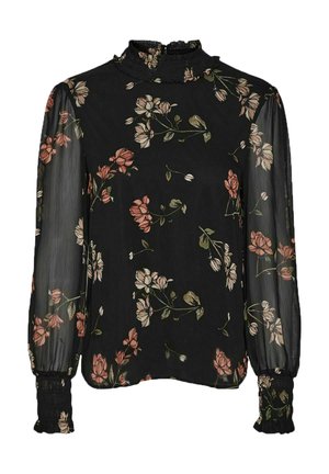 Blouse noire à manches longues présentant un motif floral rose et vert, avec un col haut et des poignets élastiques pour une coupe ample.