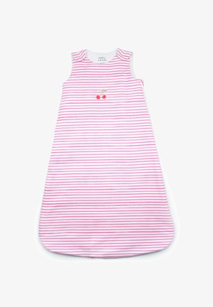 Sacco nanna senza maniche per bambini con righe rosa e bianche, ricamo di ciliegie sul petto e chiusure a scatto sulle spalle.