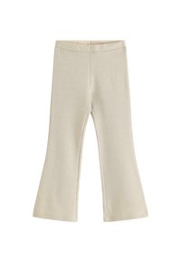 Rozszerzane spodnie dzianinowe w jasnym beżu z prążkowaną fakturą. Posiadają szeroki pas w talii oraz rozszerzane nogawki, co tworzy wyraźny sylwetkę.