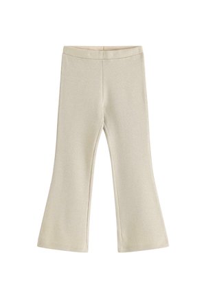Pantaloni in maglia svasati di un beige chiaro con trama a coste. Presentano una vita alta e orli svasati per una silhouette distintiva.
