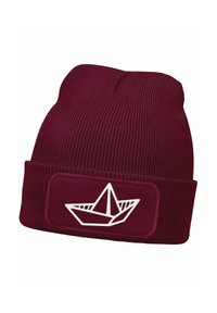 Maroon knitted beanie with a ribbed texture and a folded cuff. Front features a white boat graphic in a rectangular patch.