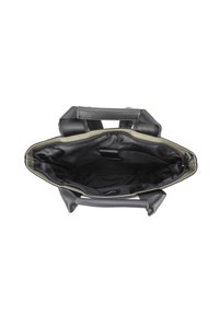 Črna torba z teksturirano površino, zgornjimi ročaji in prostornim črnim tekstilnim notranjim delom. Ima zadrgo in organizacijski žep.