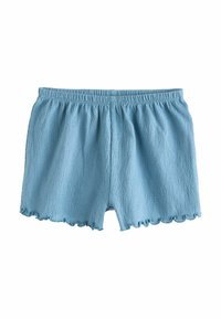 Shorts bleu clair en tissu texturé et froissé. Taille élastique et ourlet en zigzag. Design décontracté et ample.