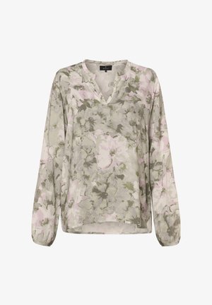 Floral blouse in lightweight fabric featuring a v-neck, long sleeves, and a pastel color palette with pink, green, and grey hues.