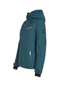 Veste à capuche bleu sarcelle avec fermeture éclair devant, deux poches latérales zippées, poignets réglables et logos de la marque sur la poitrine et la manche.