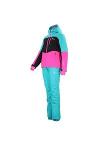 Conjunto de esquí que presenta una chaqueta de bloques de color en negro, aguamarina y rosa, y pantalones aguamarina a juego con bolsillos y cremalleras.