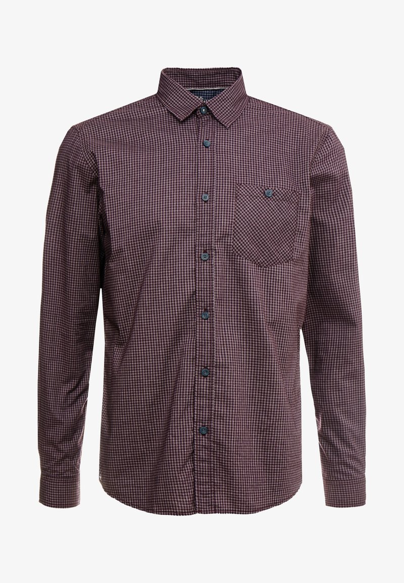 Chemise à manches longues boutonnée avec un motif à carreaux bordeaux et noir et une poche poitrine boutonnée unique.