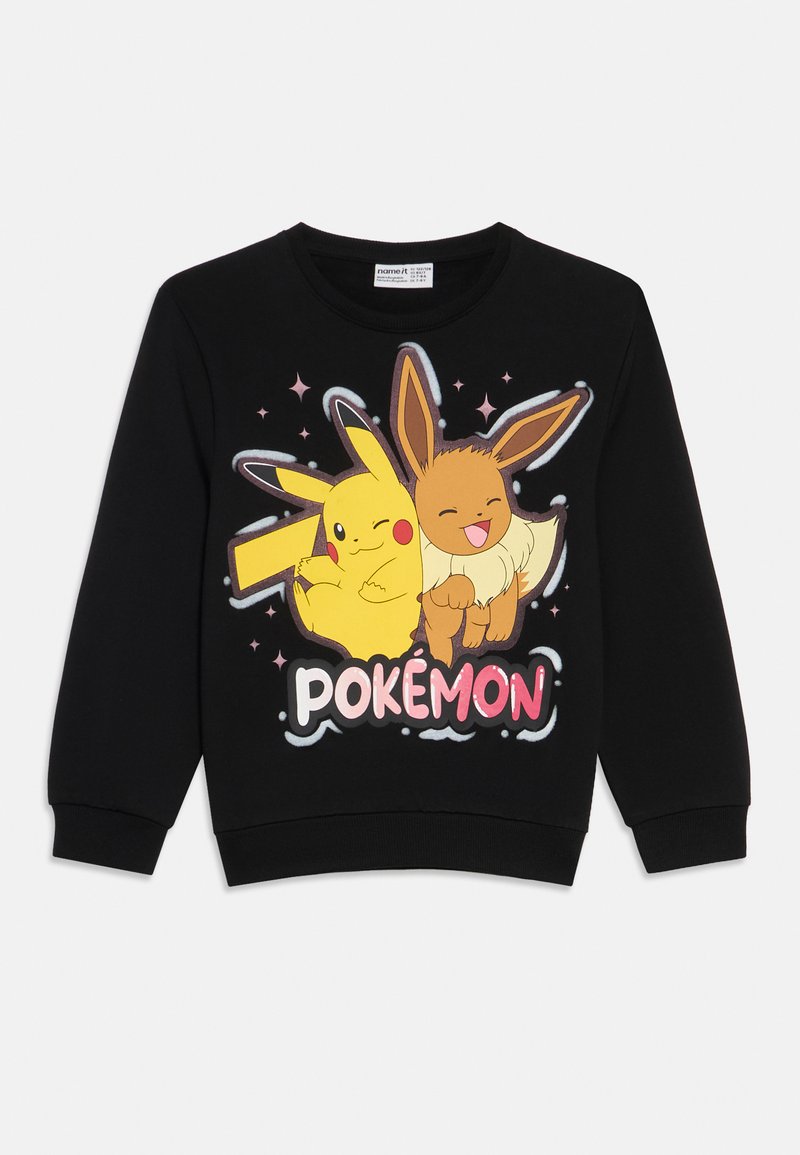 Felpa nera con grafiche di Pikachu ed Eevee, con espressioni giocose, accompagnate dal testo colorato "POKÉMON" e scintille.