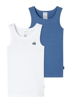 Two sleeveless tops: one white with a small blue cartoon car embroidery, the other in a solid blue. Made from soft organic cotton.