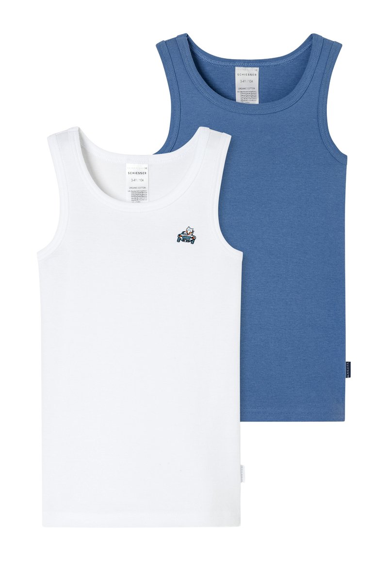 Two sleeveless tops: one white with a small blue cartoon car embroidery, the other in a solid blue. Made from soft organic cotton.