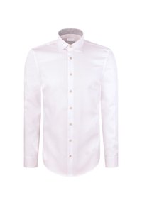 Biała koszula na długi rękaw z kołnierzykiem na guziki, zapinana z przodu na guziki, o gładkiej fakturze i wzorem w kratkę wewnątrz kołnierza.