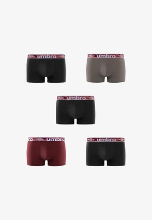 Cinq paires de boxers pour hommes en noir, gris et bordeaux, chacun avec une ceinture bordeaux portant le logo "umbro" en blanc.
