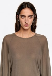 Brezrokavni, rjav, lahek zgornji del z okroglim izrezom in teksturirano tkanino. Oblika vključuje raglan rokave in sproščen kroj.