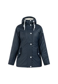 Giacca impermeabile blu marina con cappuccio foderato, cordini bianchi, bottoni a scatto e due tasche laterali. Materiale morbido e resistente con un taglio moderno.