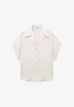 White short-sleeve shirt made of lightweight fabric, featuring a pointed collar, button closure, and a relaxed fit. Smooth texture.