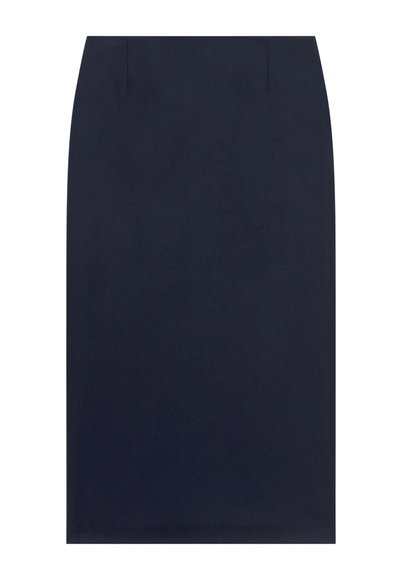 Gonna a matita blu navy realizzata in un tessuto liscio, con un design sartoriale caratterizzato da due pieghe frontali, linee pulite e una lunghezza al ginocchio.
