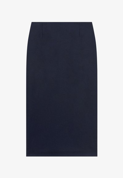 Gonna a matita blu navy realizzata in un tessuto liscio, con un design sartoriale caratterizzato da due pieghe frontali, linee pulite e una lunghezza al ginocchio.