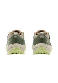 Green hiking shoes with a sturdy design, featuring a textured upper, cushioned tan collar, and a grippy light green outsole.