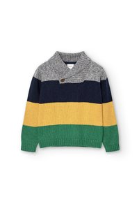 Kinderstrickpullover mit grauem Schalkragen und Knopf, der horizontale Streifen in Marineblau, Gelb und Grün zeigt.