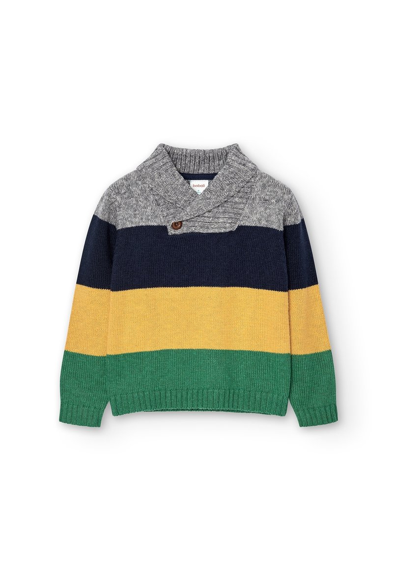 Kinderstrickpullover mit grauem Schalkragen und Knopf, der horizontale Streifen in Marineblau, Gelb und Grün zeigt.