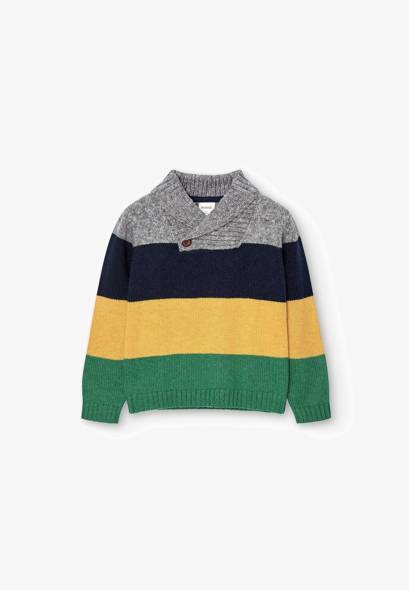 Kinderstrickpullover mit grauem Schalkragen und Knopf, der horizontale Streifen in Marineblau, Gelb und Grün zeigt.