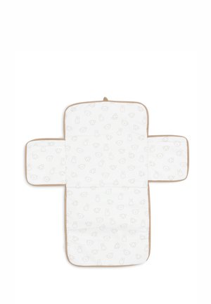 Matelas à langer pour bébé avec panneaux latéraux rabattables, blanc avec motif visage d’animal beige clair et bordure beige.