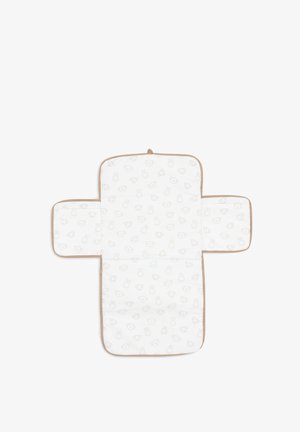 Matelas à langer pour bébé avec panneaux latéraux rabattables, blanc avec motif visage d’animal beige clair et bordure beige.