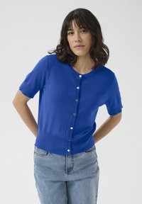 Cardigan à manches courtes, bleu royal, en tissu léger, avec un col rond et des boutons argentés sur le devant.