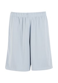 Shorts de sport bleu clair avec une ceinture élastique, présentant des rayures verticales et un tissu lisse et léger.