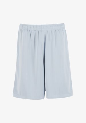 Világoskék atlétikai rövidnadrág rugalmas derékpánttal, függőleges tűcsíkokkal és sima, könnyű anyagból.