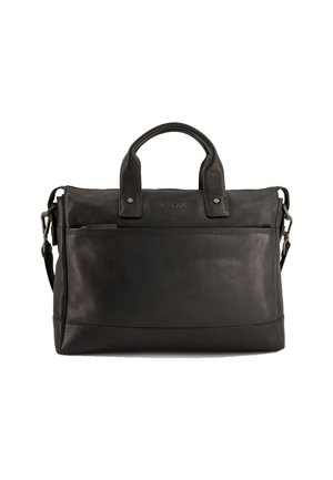 Schwarze Leder-Shopper-Tasche mit oberen Griffen und abnehmbarem Schultergurt. Verfügt über eine vordere Reißverschlusstasche und eine glatte Textur mit genähten Akzenten.