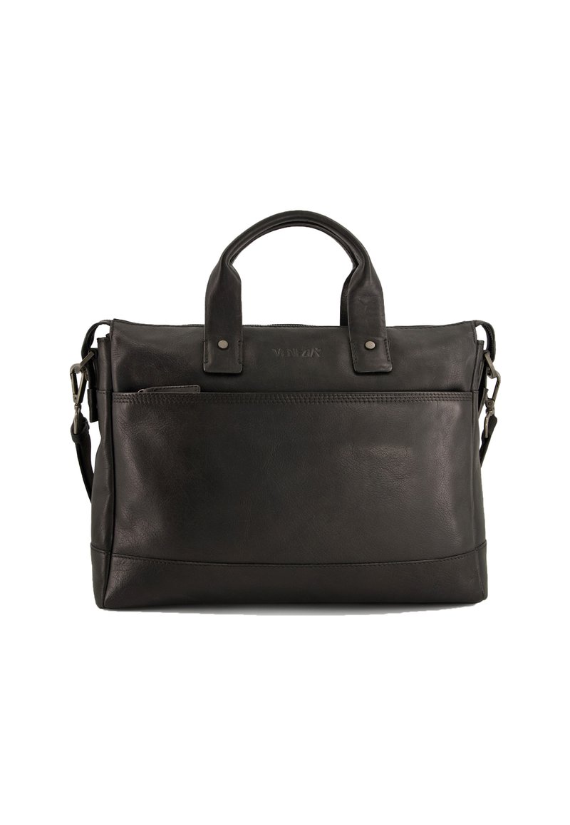 Schwarze Leder-Shopper-Tasche mit oberen Griffen und abnehmbarem Schultergurt. Verfügt über eine vordere Reißverschlusstasche und eine glatte Textur mit genähten Akzenten.