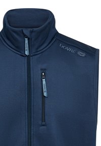 Blå ærmeløs vest med høj krave, frontlomme med lynlås og DOVRE-logo. Fremstillet af blødt, struktureret stof med en glat finish.