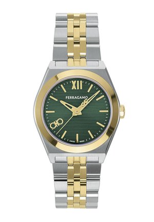Ceas de mână metalic bicolor, argintiu și auriu, cu cadran verde, indicatoare orare aurii și logo-ul Ferragamo în centru.