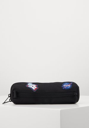 Black pencil case with two colorful NASA-themed patches: a white astronaut and the NASA logo. Features a zip closure and a rectangular shape.