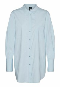 Camicia a maniche lunghe di un azzurro chiaro con colletto classico, tasca sul petto singola e materiale in cotone morbido. Presenta alcuni dettagli in tinta con i bottoni.