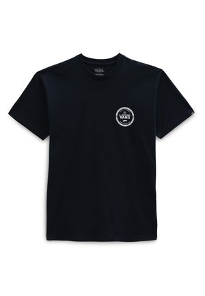 T-shirt noir Vans avec un petit logo circulaire blanc sur la poitrine gauche, affichant le nom Vans et l'année de création 1966.