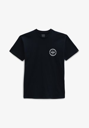 Zwart Vans T-shirt met een klein wit rond logo op de linkerborst, met de naam Vans en het oprichtingsjaar 1966.