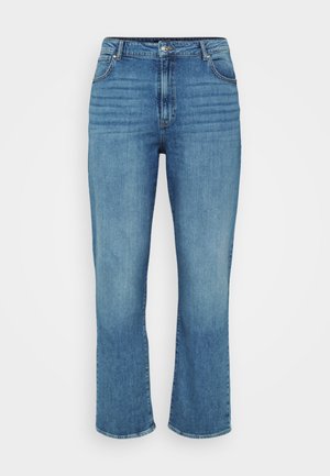 Gai zilu džinsi ar taisnu kāju dizainu, ar piecām kabatām, jostu cilpām un maziem izbalējumiem priekšā.