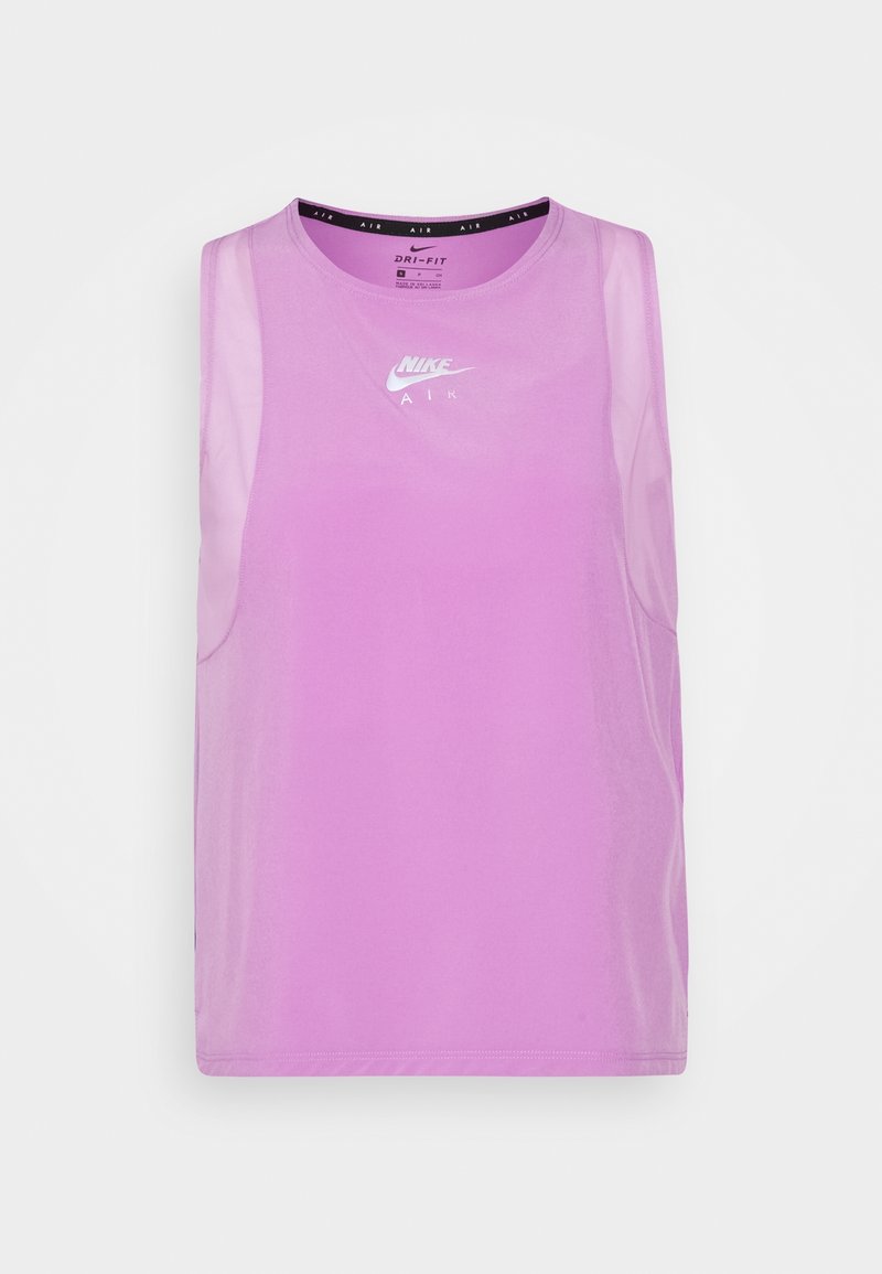 Světle růžový bezrukávový top vyrobený z polyesteru Dri-FIT, s kulatým výstřihem a bílým logem Nike Air na přední straně.