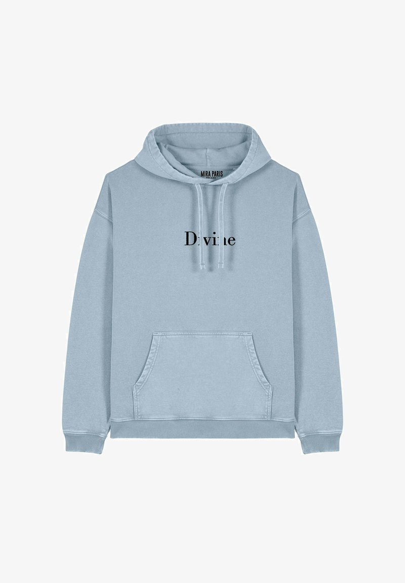 Haut à capuche bleu clair avec une poche kangourou, un cordon de serrage au niveau de la capuche, des poignets côtelés, et le texte "Divin" en noir centré sur la poitrine.
