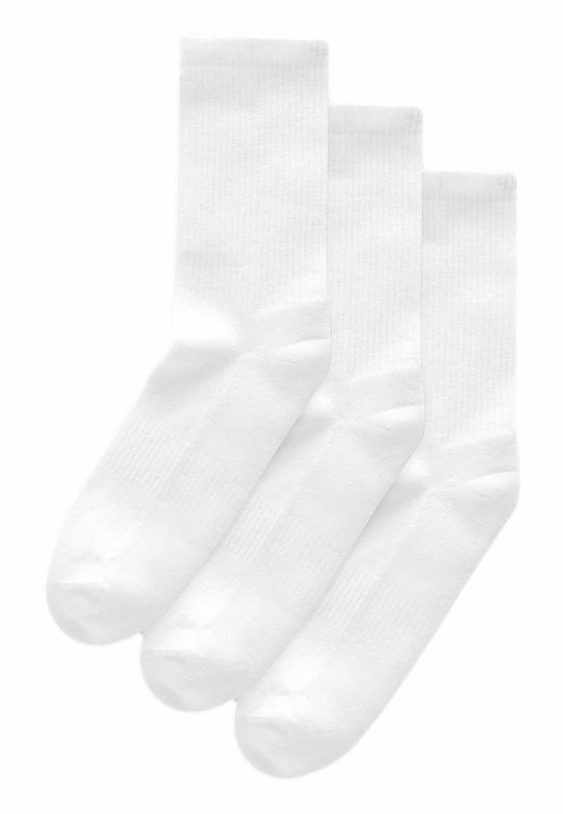 Drei Paar weiße Baumwollsocken mit glatter Textur, ausgestattet mit einem gerippten Bündchen und nahtlosem Zehenbereich.