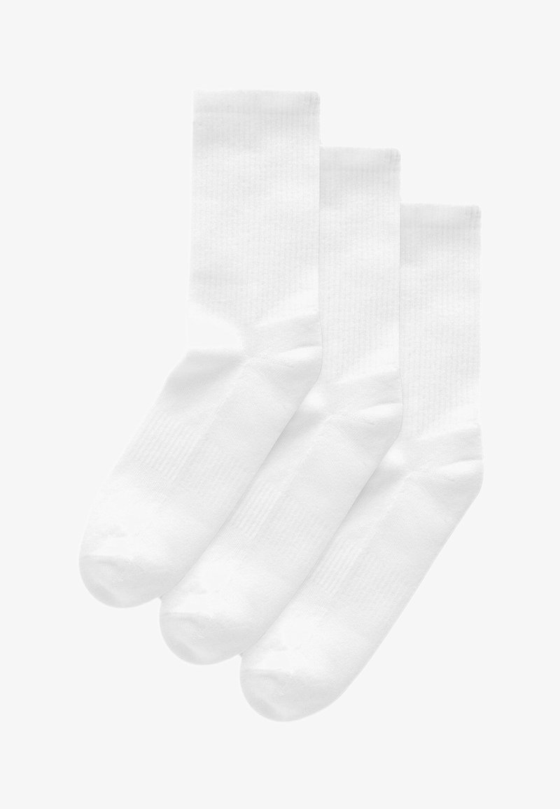 Three pairs of white cotton socks with a smooth texture, featuring a ribbed cuff and seamless toe design.